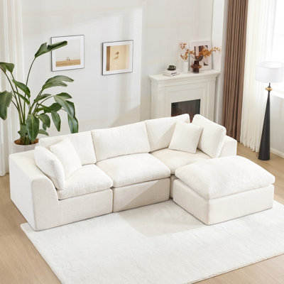 Canapé modulaire en osier de 108 po beige avec repose-pieds amovible, canapé modulaire à compression 3 places pour le salon, aucun canapé requis