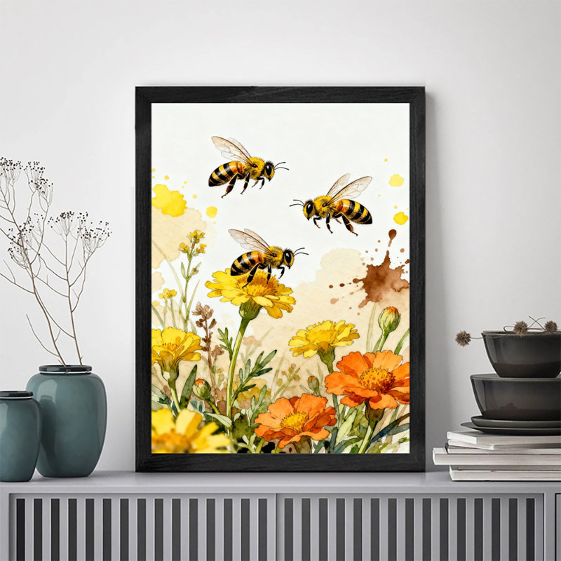 Les abeilles rétro encadrées noires sont actifs dans les fleurs et les plantes, reproductions d'art encadrées de style rétro