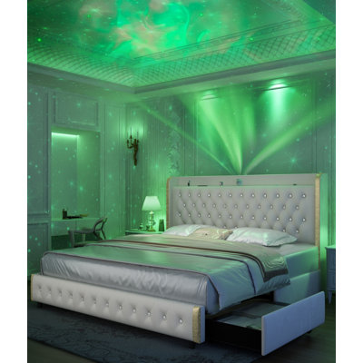 Wingback Modern Platform Bed With Galaxy Projector, 4 DustProof Storage Drawers, LED Bed Frame, USB Ports, No Box Spring Needed & Noise-Free Sturdy Wood Slats, Kiarri