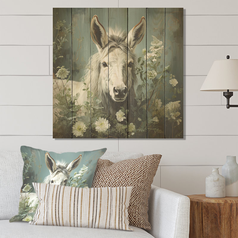 Farmhouse Donkeys Flower Charm II - Donkey On Wood Print, 36" H x 36" W