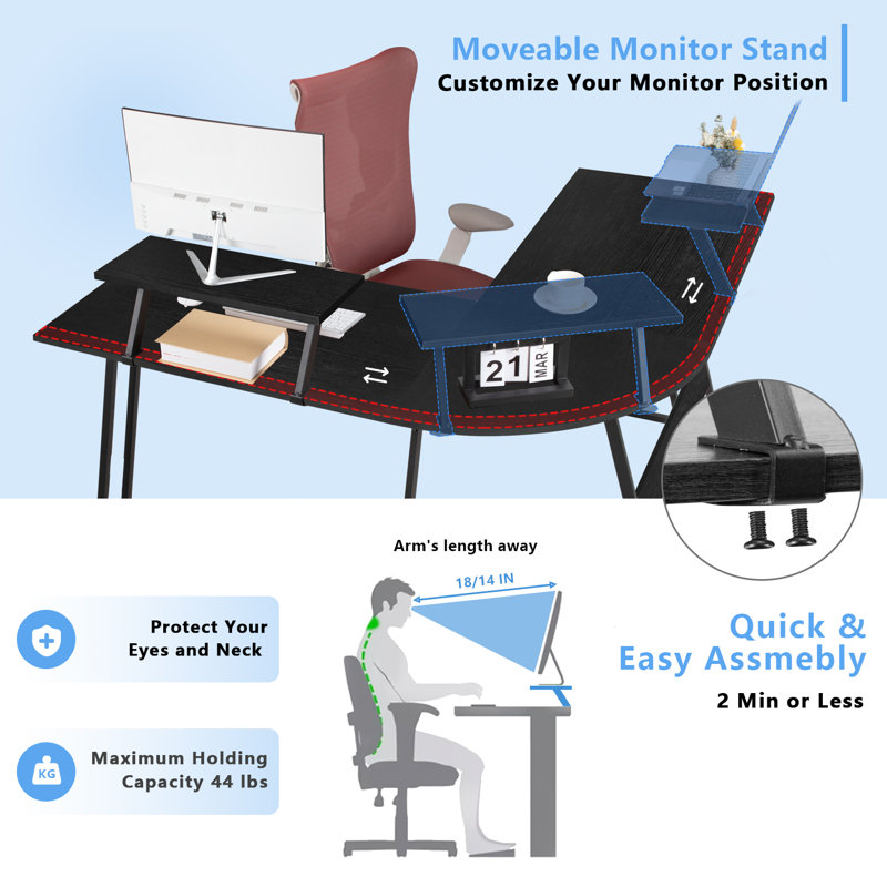 Black L-Shaped Computer Desk with Monitor Stand and Metal Frame