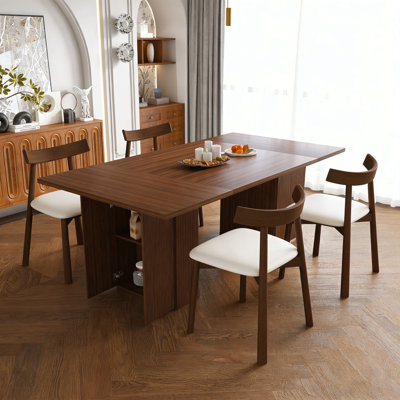 [W2700S00110] Ensemble de table de salle à manger de 78 pouces pour 4 personnes en placage de bois naturel, table de cuisine rectangulaire en panneau de fibres à densité moyenne avec base de rangement et 4 chaises rembourrées en polyuréthane, ensemble de salle à manger rustique moderne pour la cuisine et la salle à manger