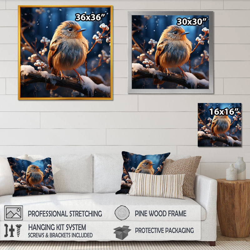 «Winter Blue Bird Serenity V», art mural oiseau, H 30 po x l 30 po x P 1,5 po, Toile tendue
