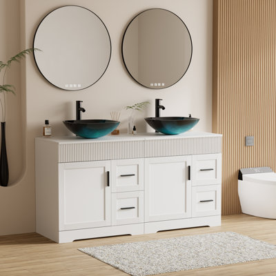 Ensemble de meuble-lavabo autoportant à double cuve 60 po avec plateau en bois manufacturé, lavabo vasque, robinet et drain Ghage, peint à la main résistant à l'eau