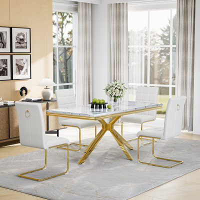 5-Piece Modern Dining Set, 70” Faux Marble Rectangular Table with Metal Base & 4 PU Leather C-Shape Base Chairs