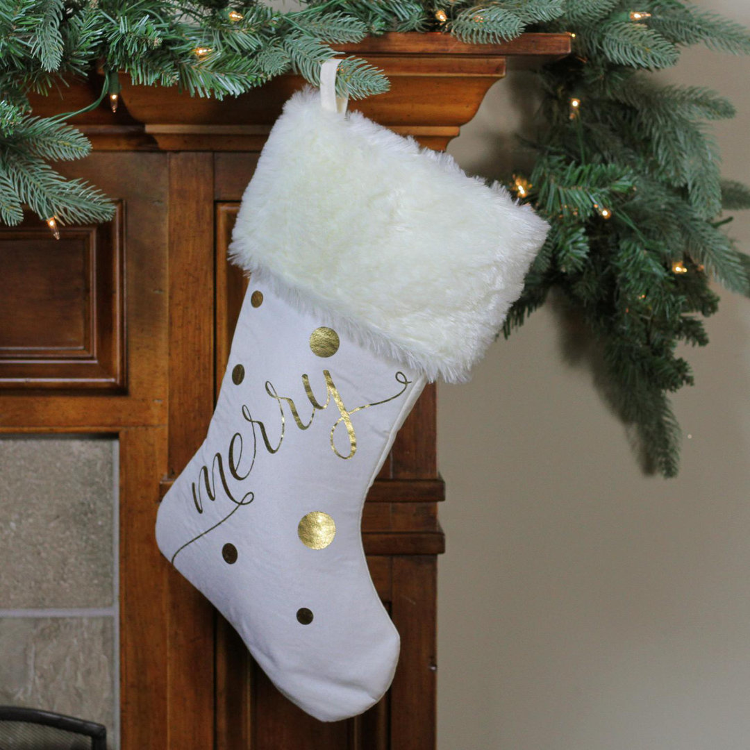 19" Ivory White Gold Foil "Merry" Christmas Stocking with White Faux Fur Cuff Northlight Seasonal