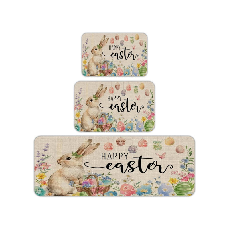 Beige Easter Bunny Kitchen Mat 3 Pc Set for Kitchen & Entryway