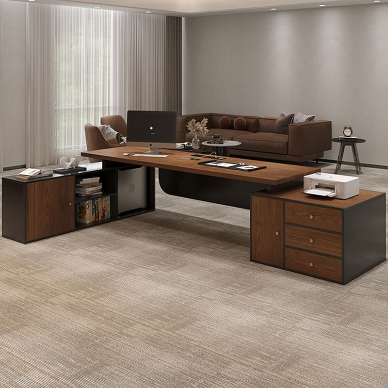 Bureau de direction brun en L en bois massif avec 3 tiroirs, H 29,53 po x l 70,87 po x P 59,06 po, Retour à gauche
