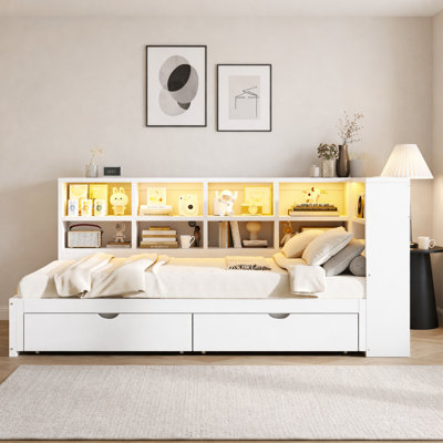 Twin XL Daybed With Trundle, Expandable King Conversion, Wood Frame, LED Charging Storage Shelves, Contemporary, Apartment
