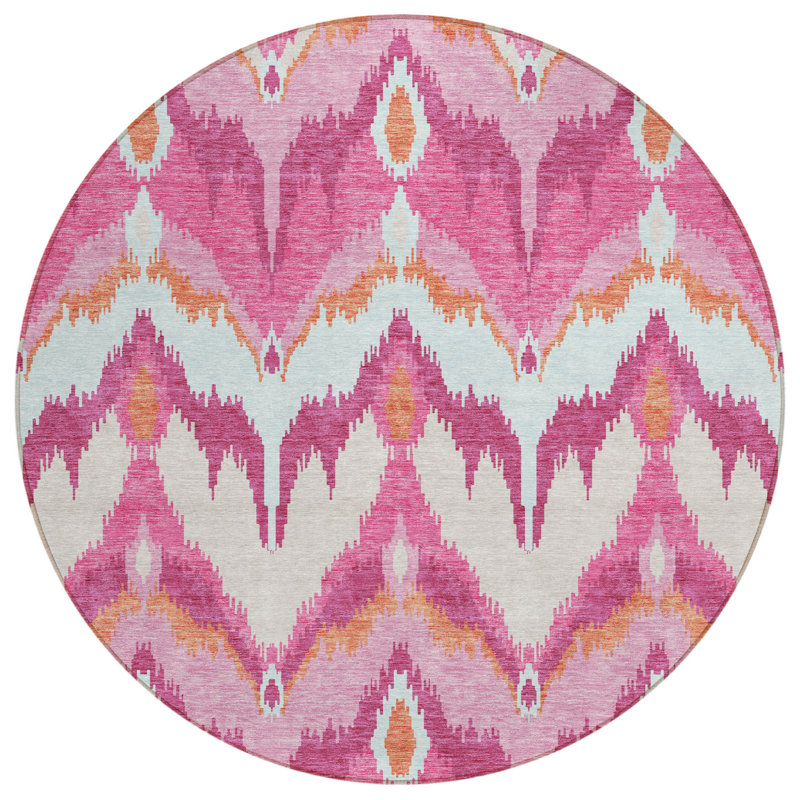 Tapis rond lavable intérieur ikat 8 pi rose mauve et orange