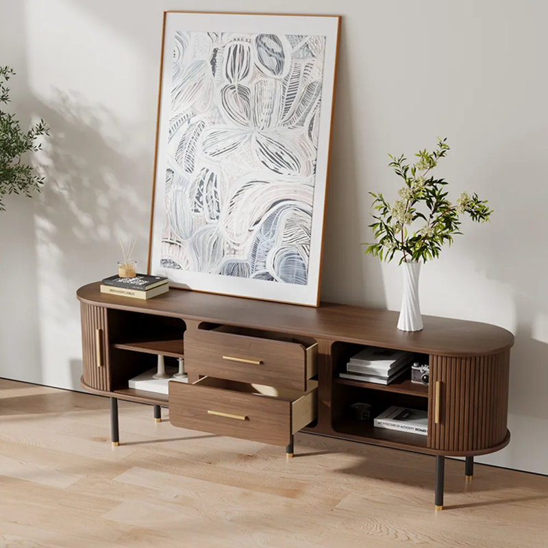 Mid-Century Modern TV Stand, Minimalist Wood Media Console with Roller Shutter Door, 23.62"H x 70.87"L x 15.75"W, Brown