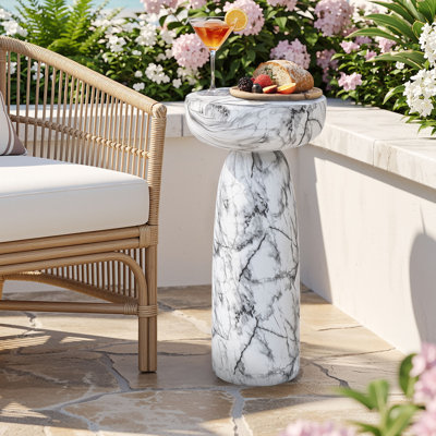 24" Faux Marble Pedestal Side Table for Living Room Patio Balcony, White