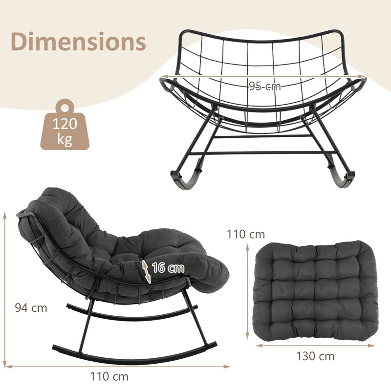 Indoor Outdoor Rocking Chair Oversized Egg Papasan Chair, Dark Grey