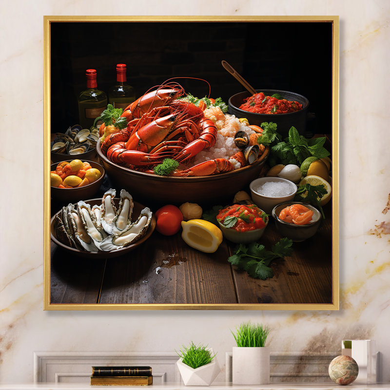 Assortiment de fruits de mer II sur toile, H 16 po x l 16 po x P 1 po, Cadre flottant doré