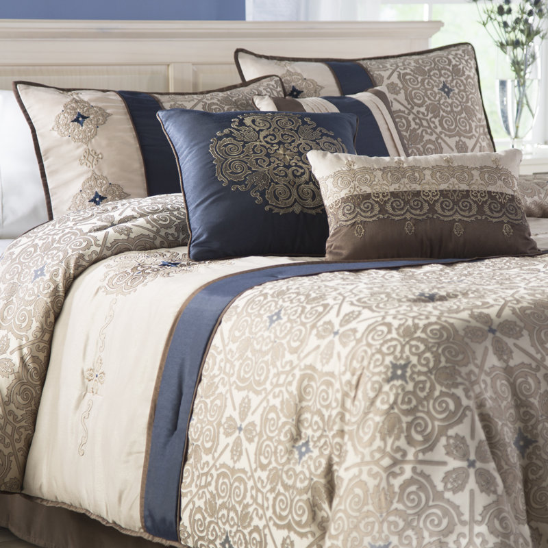 Ensemble d'édredon en jacquard bleu marine Donovan 7 pièces avec coussins décoratifs, Bleu marine