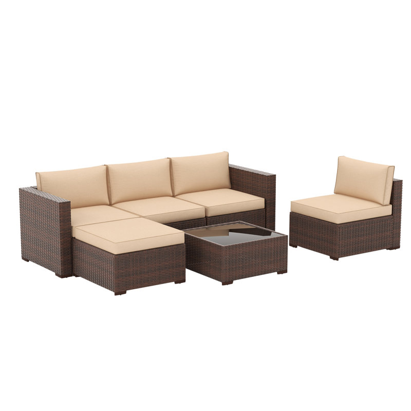 Ensemble de conversation modulaire en rotin 6 pièces avec coussins Eudy, Brun / beige
