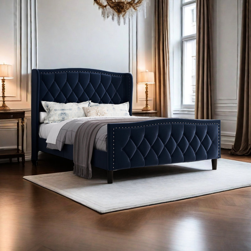 Grand lit - tapissier moderne avec bruit - base à lattes (compatible avec la mousse à mémoire de forme en velours bleu), Bleu