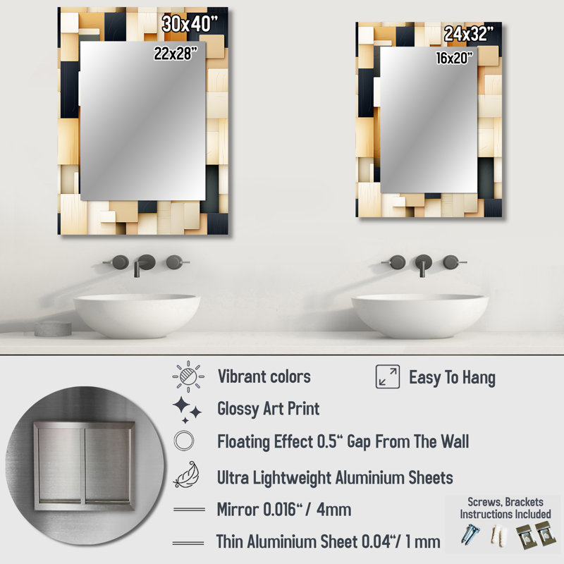 Abstract Taupe Blockchain Blocks - Geometric  Decorative Mirror, Modern Wall Mirror, Printed Metal Art, 32" x 24"