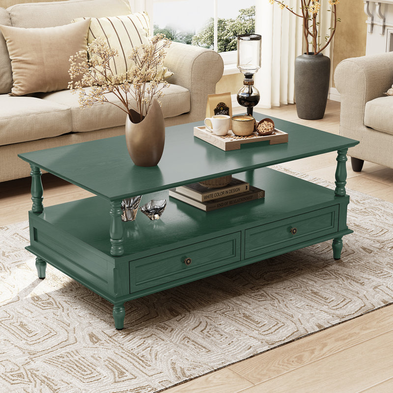 Coffee Table with Solid Wood Legs, Storage Drawers, and Open Shelf (Minimal Assembly Needed), Green