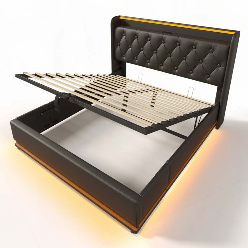 Upholstered Storage Bed With LED and Charging Outlets, Full, Black