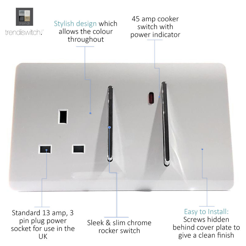 Trendi Switch 45 Amp Cooker Switch & 13 Amp Plug Socket with Neon, Gloss White