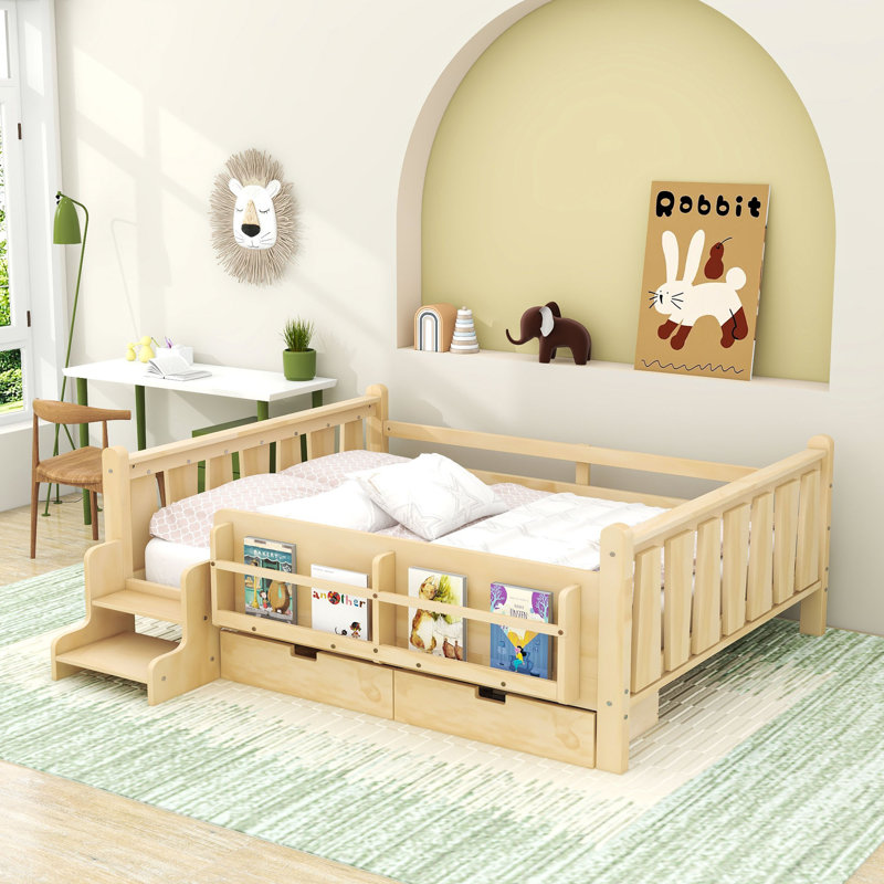 Lit mezzanine bas avec tiroirs et escaliers, Lit double, Clair naturel