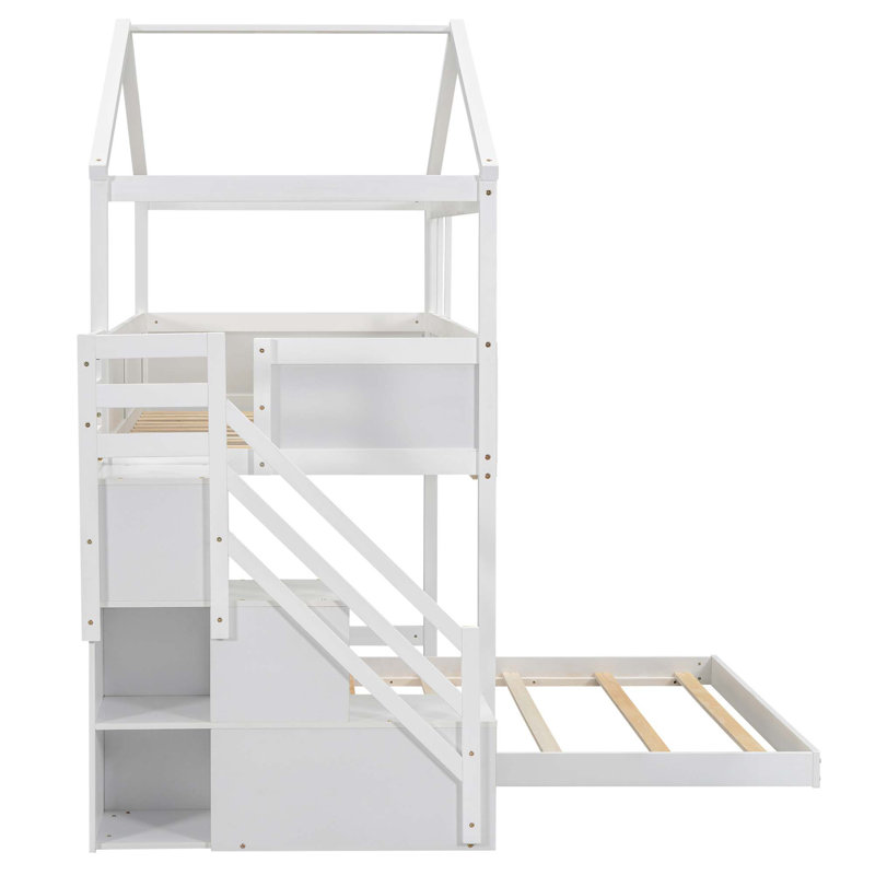 Lit superposé House avec escalier de rangement et planche, Blanc