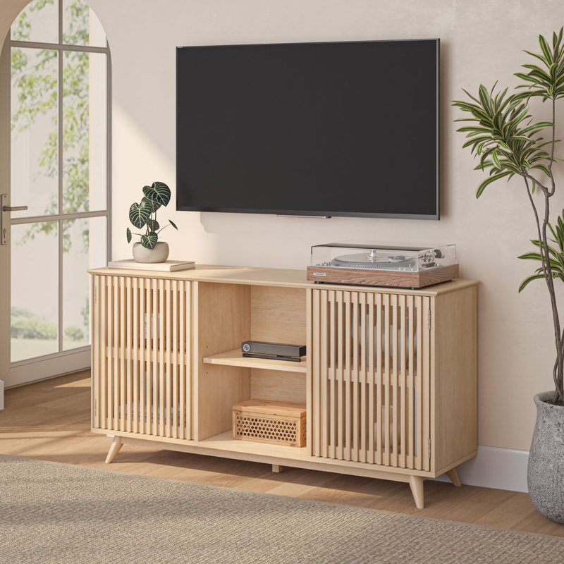 Mid-Century Modern 59" Solid Wood Sideboard/TV Stand with Slat Doors, Blonde