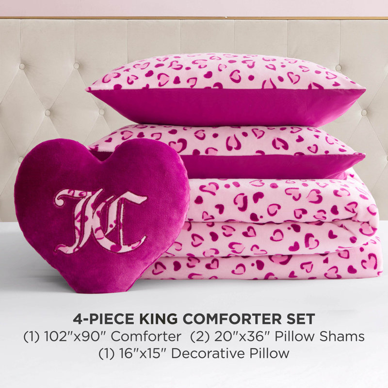 Juicy Couture Plush Reversible Leopard Hearts Comforter Set with Decorative Pillow, King