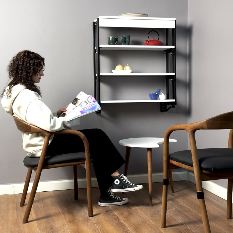 White Folding Wall-Mounted Murphy Table with Shelf