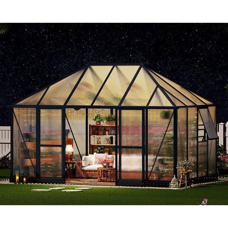 14x9.7x10 FT Polycarbonate Greenhouse for Outdoors, Large Winter Greenhouse Sunroom with 2 Adjustable Windows &Sliding Door, Walk-in Design with Aluminum Frame for Patio, Garden