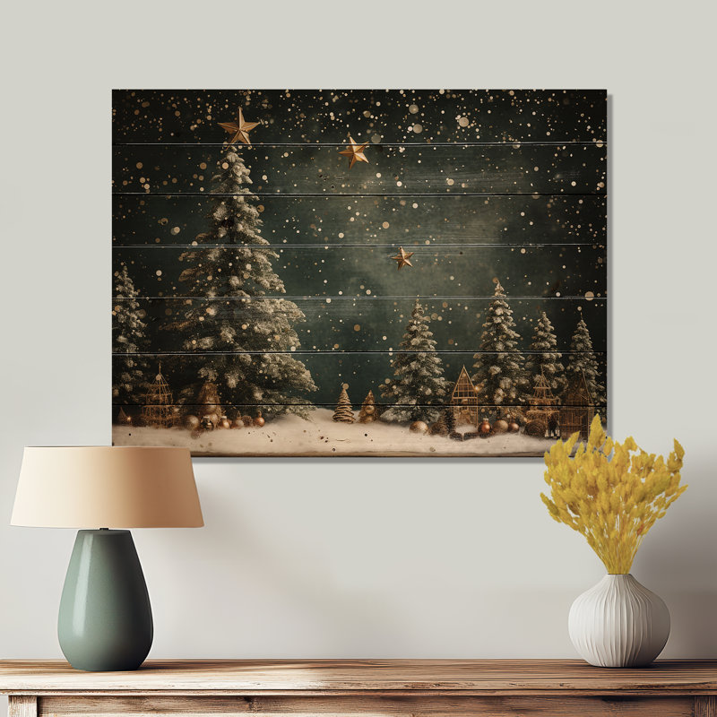 Décoration de sapin vert de Noël - Pin sur impression de bois, H 24 po x l 32 po x P 0,78 po