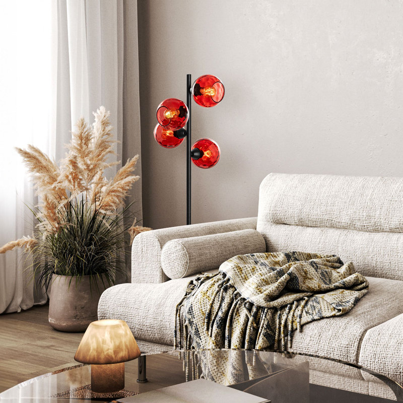Lampe sur pied moderne avec corps en métal, noir, 14,2 x 14,2 x 53,1 pouces | Bouchon en verre, 4 x douilles E27 (40 W maximum), éclairage domestique élégant | Certifié IP20, idéal pour le salon, la chambre à coucher et le bureau