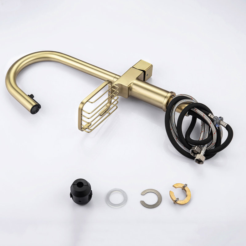 High Arc Pull - Down Kitchen Faucet, Single Hole, Stainless Steel, Brushed Gold, Dual Spray Modes, 360 Swivel Out, Quick Setup, Drip Ceramic Valve, Storage Shelf Range, Effortless Installation, Leak