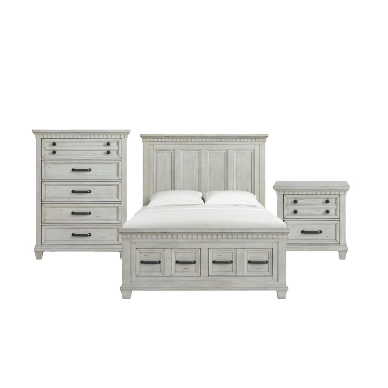 Palermo Storage Bedroom Set, Antique White, 3 Pcs: Bed, Chest, Nightstand, Queen