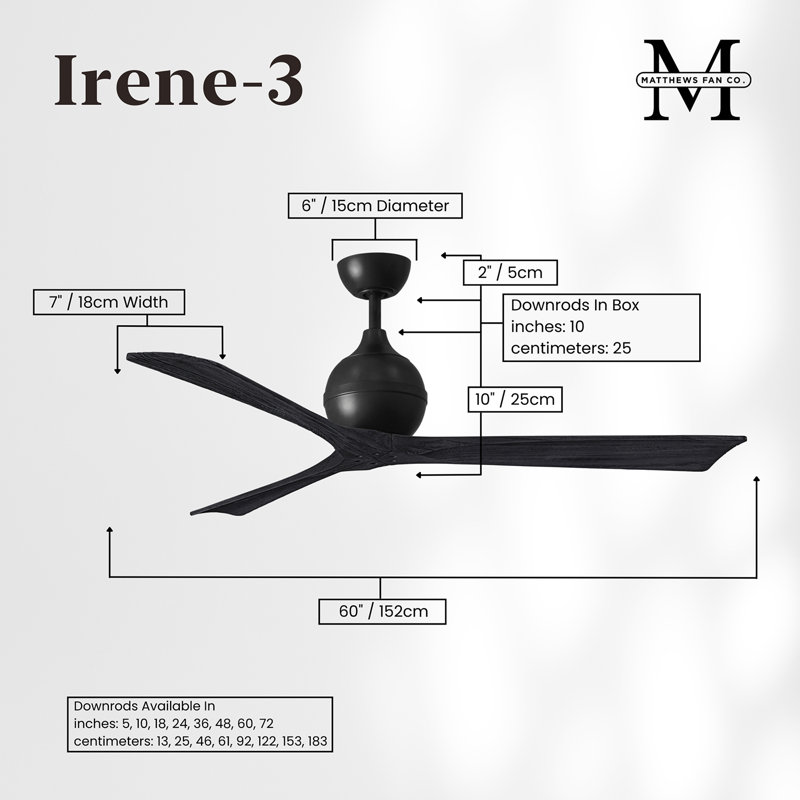 60" Irene Paddle 3 Blade Ceiling Fan, 60", Matte Black, Matte Black