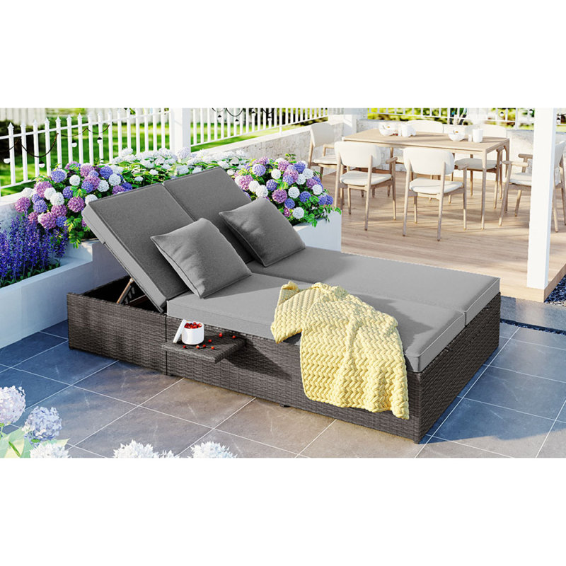 Lit de bronzage d'extérieur double TopMAX, chaises de patio inclinables en rotin de rotin avec dossier et siège réglables, ensemble conversationnel pour 2 personnes, gris