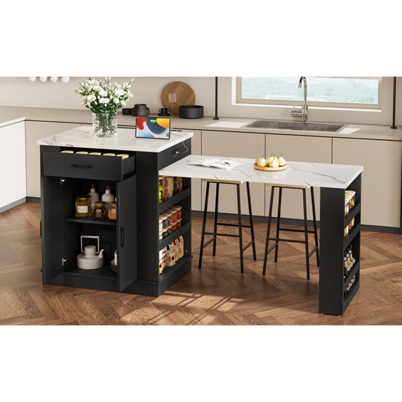 Extendable Island Console With Drawers, Double-Door Cabinet, And Open Shelving. Serves As Dining Table, Temporary Breakfast Bar, And Afternoon Tea Lounge,Black
