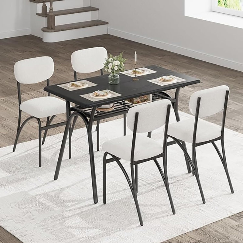 Ensemble de salle à manger 5 pièces pour 4 personnes, table à plateau en marbre avec chaises bouclées et tablette de rangement, noir
