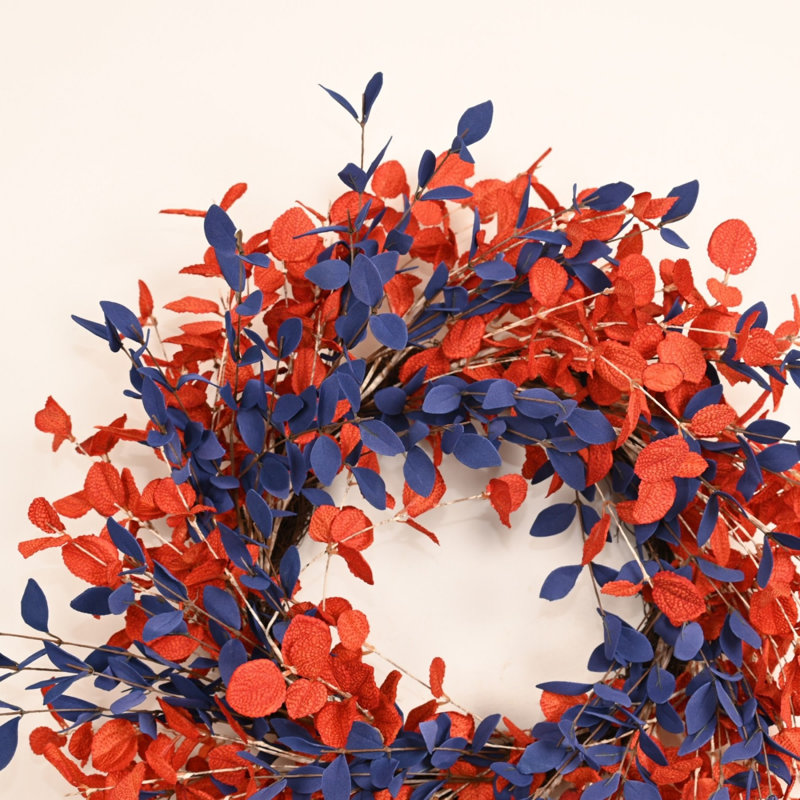 Couronne artificielle 26 pouces à deux tons avec feuilles d'automne pour décoration de l'Action de grâce, Orange;Blue