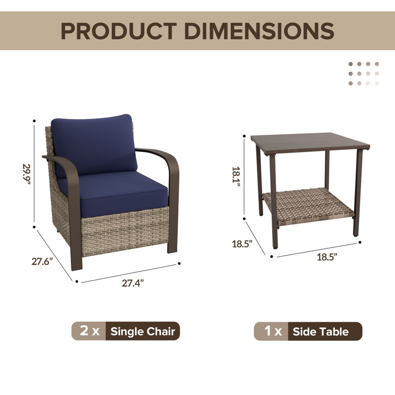 Ensemble de conversation de terrasse pour 2 personnes avec coussins, Bleu