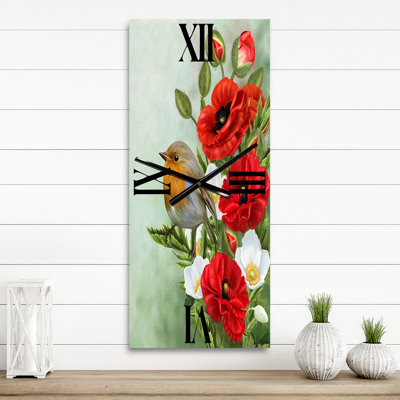 Horloge murale oiseau avec coquelicots et anémones