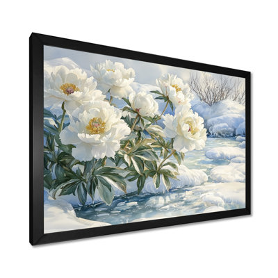 Hiver, pivoines par la glace, rivière couverte III - pivoines, art mural