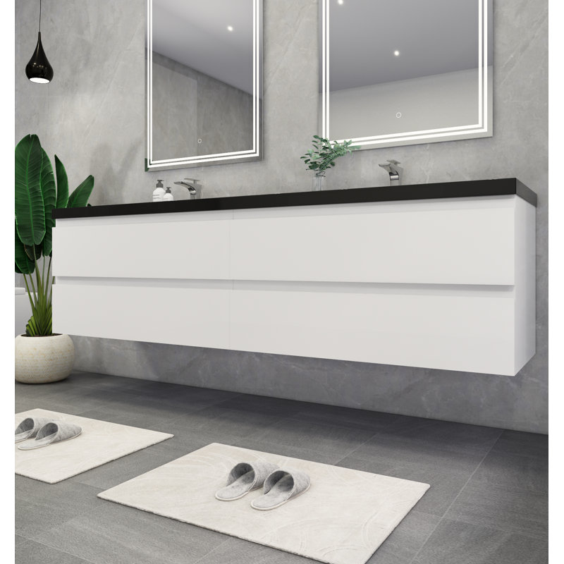 Ensemble de meuble-lavabo double mural 84 po Kirker, Blanc lustré