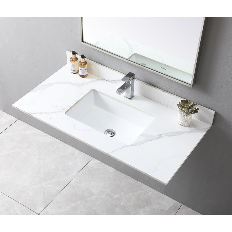 Dessus de meuble-lavabo en pierre frittée 43 x 22 avec lavabo en céramique et matériau de texture exquise