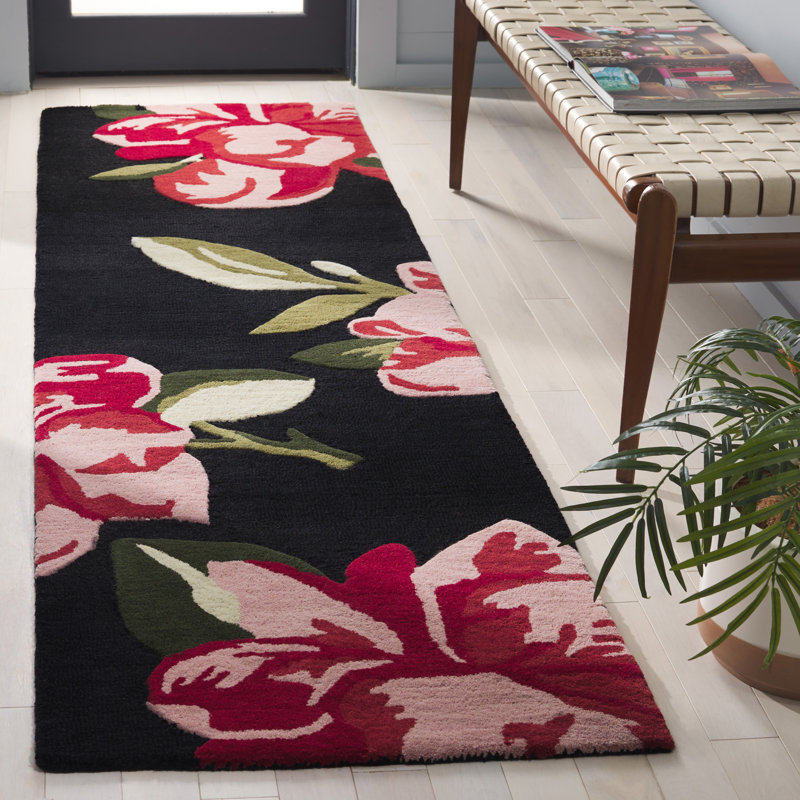 Kamath 403 Hand Tufted Wool/Cotton Floral Rug in Black/Pink, Runner 2'3" x 8'