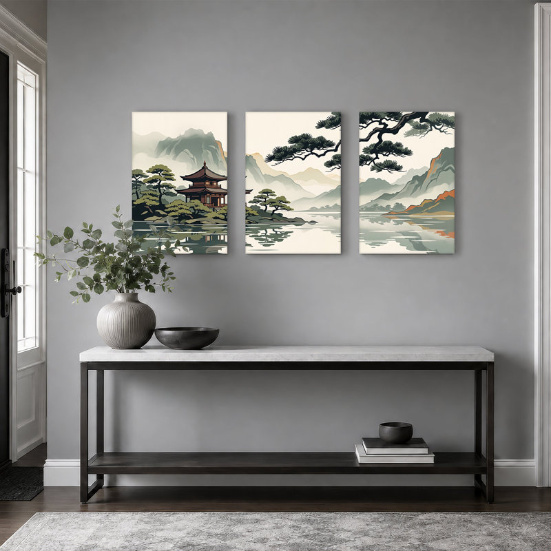 Pagode sur un lac avec des pins et des montagnes brumeuses, ensemble de 3 toiles, H 36 po x l 24 po x 3 pièces