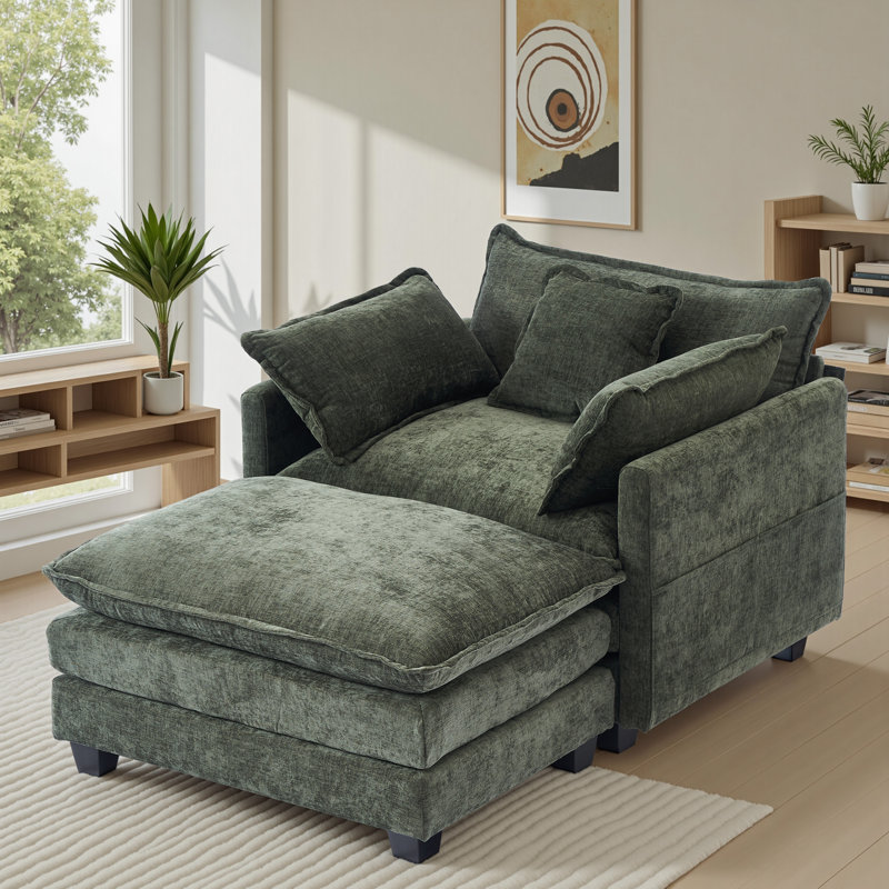 Chaise Lounge Chair Indoor with Ottoman, Oversized Chenille Lounge Sofa Chair, Comfy Reading Chair with Double-sided Armrest and Lumbar Support for Bedroom, Living Room, Office