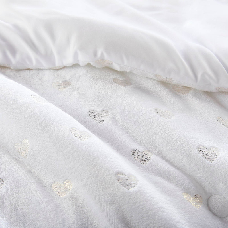 Ensemble d'édredon en peluche à imprimé métallique 3 pièces simple / simple TG avec coussin blanc / doré, White
