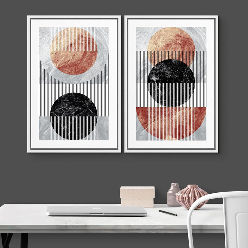 Style Mid-Century, cercles de marbre géométriques, formes abstraites, illustrations, paysage chic moderne, néon, Blanc